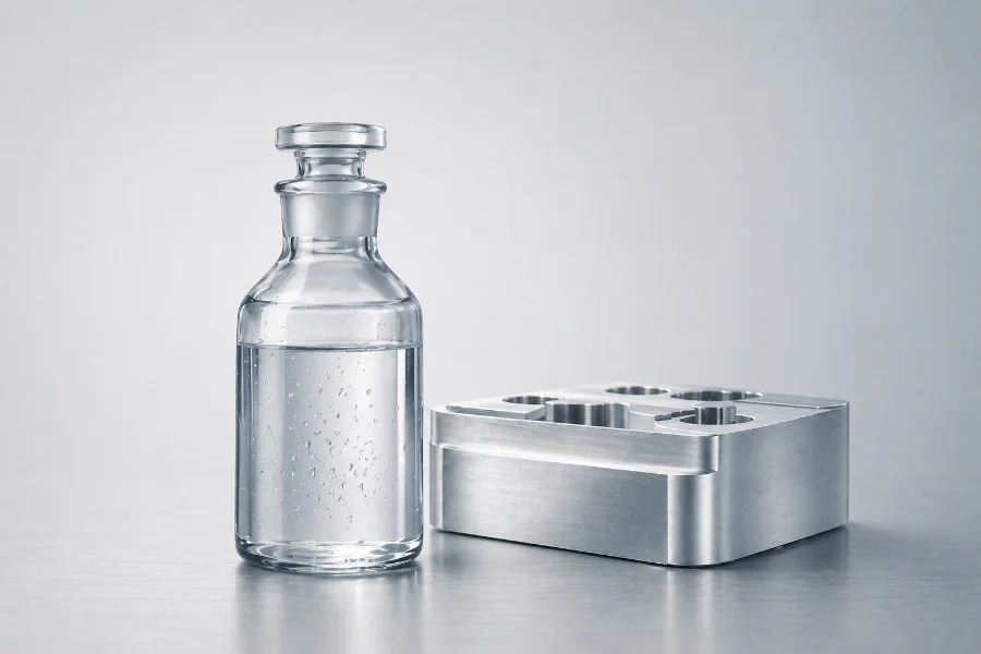 Glasflasche mit Kühlschmierstoff Kühlschmierstoffe für Minimalmengenschmierung in Glasflasche an Aluminiumbauteil